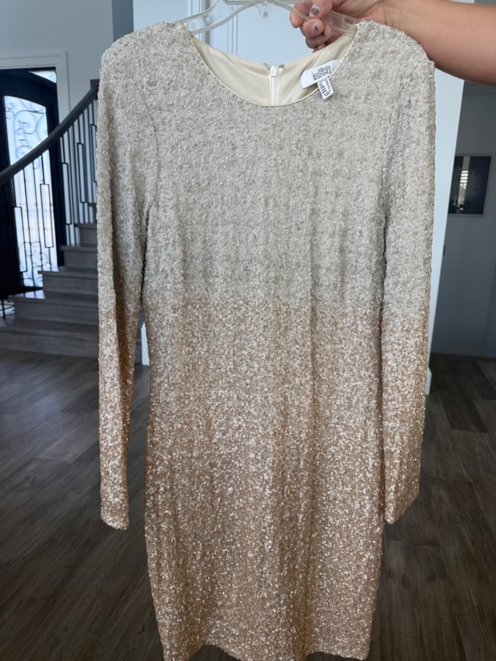 Badgley Mischka Sparkle Long-Sleeve Sequin Shift Dress in Champagne